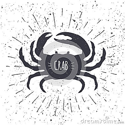 Hand drawn crab icon in black and white color with textured background. Marine fresh food logo for restaurant menu Vector Illustration