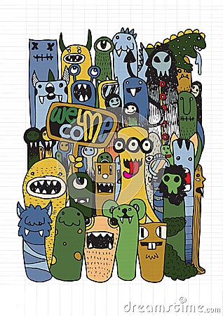 Hand drawn Crazy doodle Monster City Vector Illustration