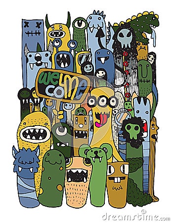 Hand drawn Crazy doodle Monster City Vector Illustration