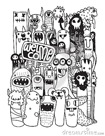 Hand drawn Crazy doodle Monster City Vector Illustration