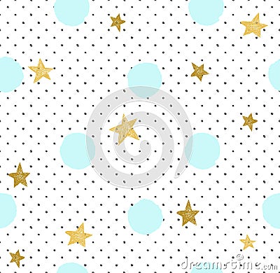 Hand drawn creative background. Simple minimalistic seamless pattern with golden stars and blue circles. Vector Illustration