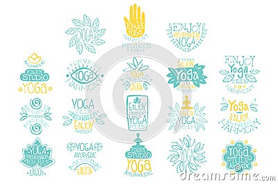 Hand drawn creative design yoga ayurvedic club logo set. Meditation studio. Lettering with illustrations of poses, lotus Vector Illustration