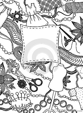 Hand drawn creative occupation backdrop illustration with different sewing items and decoration elements Vector Illustration