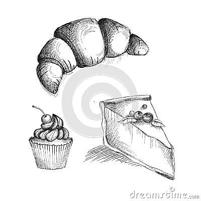 Hand drawn croissant, cake, cheesecake. Dessert sketch Stock Photo