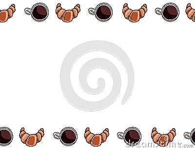 Hand drawn croissants and coffee cups vector seamless border pattern. Cafe or restaurant banner mock up. Letter format decoration Vector Illustration