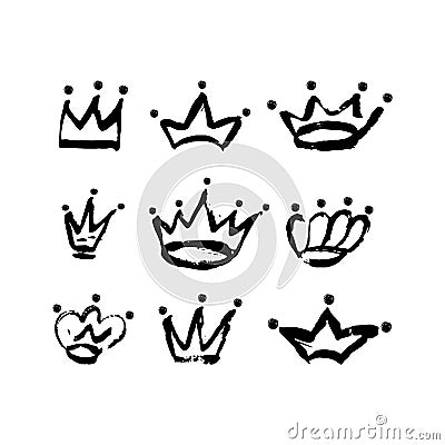 Hand drawn crown icon set in black color. Ink brush crowns background. Vector Illustration