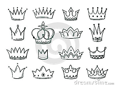 Hand drawn crown. Sketch crowns queen coronet simple elegant black crowning vintage coronal icons majestic tiara Vector Illustration