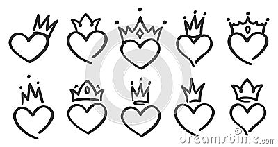 Hand drawn crowned hearts. Doodle princess, king and queen crown on heart, sketch love crowns vector illustration set Vector Illustration