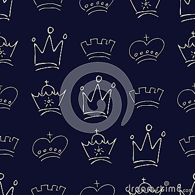 Hand drawn crowns. Seamless pattern of simple graffiti sketch queen or king crowns Vector Illustration