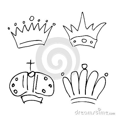 Set of four simple sketch queen or king crowns Vector Illustration
