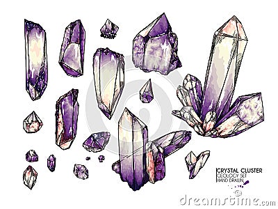 Hand drawn crystal cluster. Vector mineral illustration. Amethyst or quartz stone. Isolated natural gem. Geology set Vector Illustration