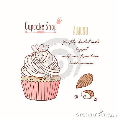 Hand drawn cupcake with doodle buttercream for pastry shop menu. Almond flavor Vector Illustration