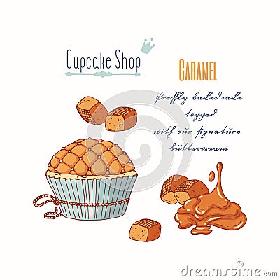 Hand drawn cupcake with doodle buttercream for pastry shop menu. Caramel candy flavor Vector Illustration