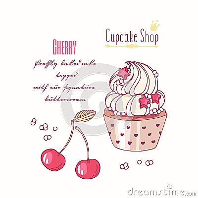 Hand drawn cupcake with doodle buttercream for pastry shop menu. Cherry flavor Vector Illustration