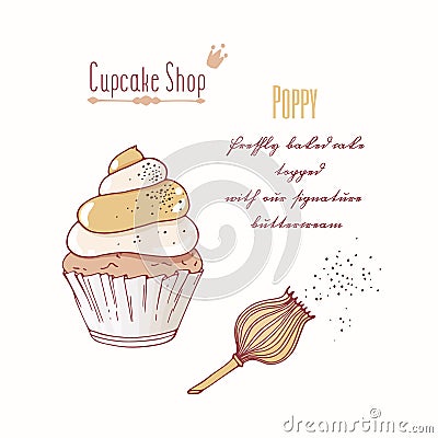 Hand drawn cupcake with doodle buttercream for pastry shop menu. Poppy flavor Vector Illustration