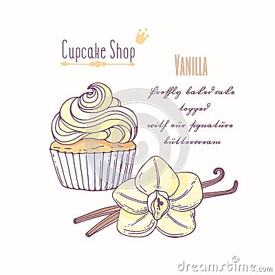 Hand drawn cupcake with doodle buttercream for pastry shop menu. Vanilla flavor Vector Illustration