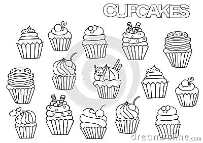 Hand drawn cupcakes set. Coloring book page template. Vector Illustration