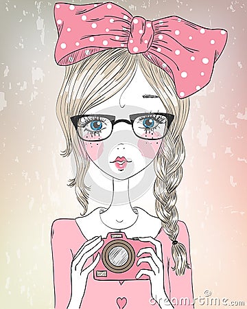 Hand drawn cute beautiful girl in glasses with pigtails and camera in her hands. Vector Illustration