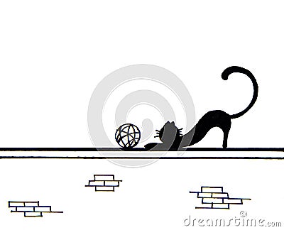 Hand drawn of cute black cat and a ball on wall Stock Photo