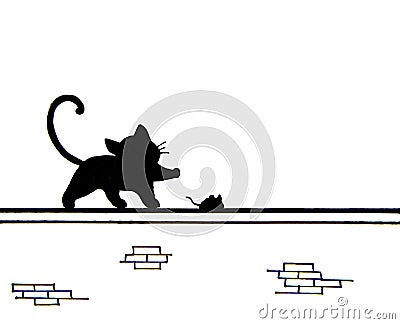 Hand drawn of cute black cat and a mouse on wall - place for text Stock Photo