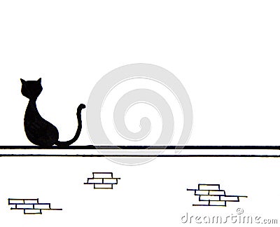 Hand drawn of cute black cat sitting on wall with place for text Stock Photo
