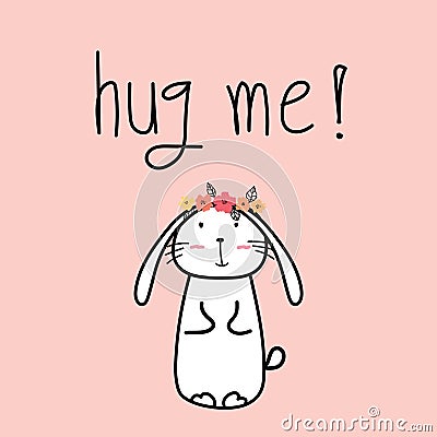 Hand Drawn Cute Bunnies With `hug me!` Typography. Vector Illustration