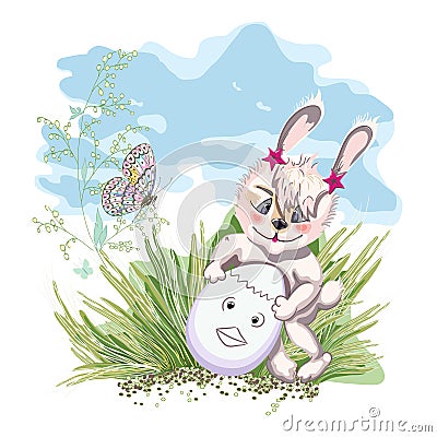 Hand drawn cute Bunny with easter egg Vector Illustration