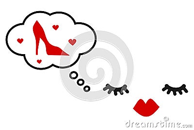 Hand drawn cute card with eyelashes, red lips and speech bubble with shoes Vector Illustration