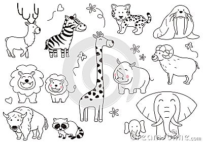 Hand-Drawn Cute Cartoonish Animals Vector Illustration Set Isolated On A White Background. Stock Photo