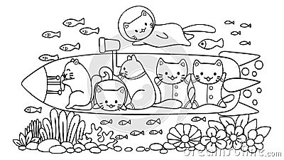 Hand drawn cute cats surveying under water world in submarine, for design element and coloring book page for kids.Vector illustrat Vector Illustration