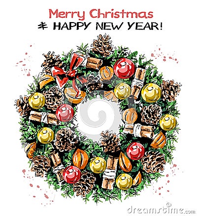 Hand drawn cute Christmas wreath with ribbons, balls, pine cones, mandarines, cinnamon stick and bow. Beautiful nobilis-fir wreath Vector Illustration