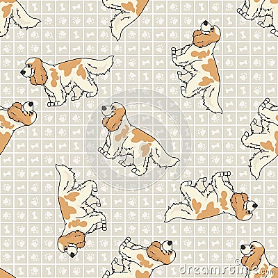 Hand drawn cute cocker spaniel breed dog seamless vector pattern. Purebred pedigree domestic dog on paw background. Dog lover Stock Photo