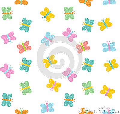 Hand Drawn Cute Colorful Butterflies Vector Pattern. White Background. Childish Simple Style. Abstract Multicolor Flying Butterfli Vector Illustration