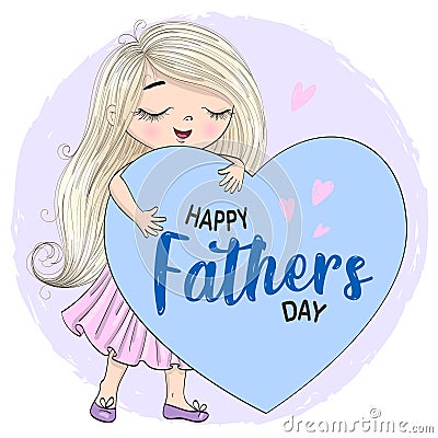 Hand drawn cute daughter girls with big heart. Happy Fathers Day. Vector Illustration