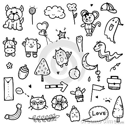 Hand drawn cute doodles collection elements vector illustration of animal, tree, arrow, objects for prints design or card design Vector Illustration