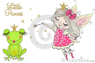 Hand drawn cute, dreaming little princess frog, with crown. Vector Illustration