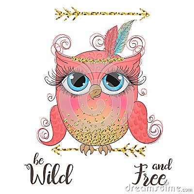 Hand drawn cute, dreaming, wild little tribal owl. Vector Illustration