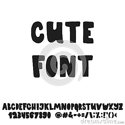 Hand drawn Cute english lettering alphabet with examples of this font. Modern ink brush handwritten letters isolated on the white Vector Illustration