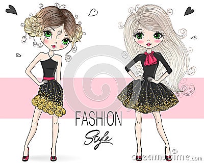 Hand drawn cute fashion cartoon girl. Vector Illustration