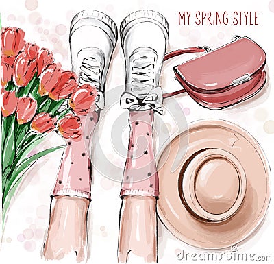 Hand drawn cute flat lay with legs, bag, flowers and hat. Spring style flat lay. Beautiful set. Stock Photo