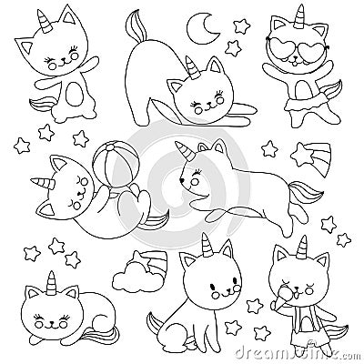Hand drawn cute flying unicorn cats. Vector cartoon characters for kids coloring book Vector Illustration