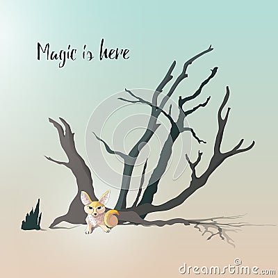 Hand drawn cute fox fennec illustration for t shirt printing. Desire for magic in the desert. Vector Illustration