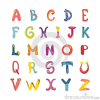 Hand-drawn cute funky alphabet. Children font on white. Stock Photo