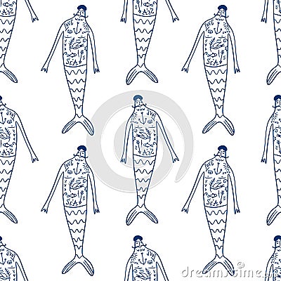 Cute funny handsome hipster mermaid tattooed boys. Seamless pattern on white background. Line contour doodle cartoon Vector Illustration