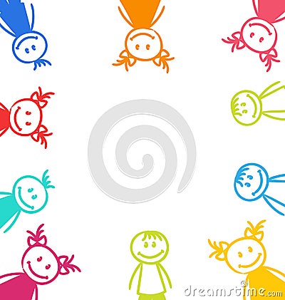 Hand-drawn Cute Funny Kids, Colorful Girls and Boys Vector Illustration