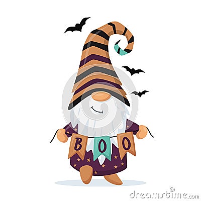 Hand drawn cute gnome in Halloween disguise with garland in his hands. T shirt design vector, Holidays greeting card. For flyers, Vector Illustration