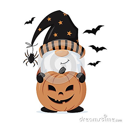 Hand drawn cute gnome in Halloween disguise with a pumpkin in his hands. T shirt design vector, Holidays greeting card. For flyers Vector Illustration