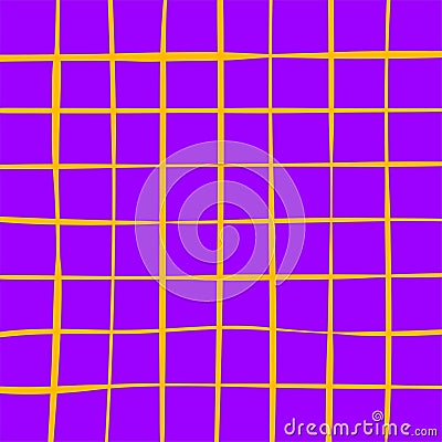 Hand drawn cute grid. doodle purple, violet, yellow plaid pattern with Checks. Graph square background with texture Vector Illustration