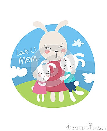 Hand drawn cute happy bunnies: mother, daughter and son hugging on the background of blue sky and green grass Vector Illustration