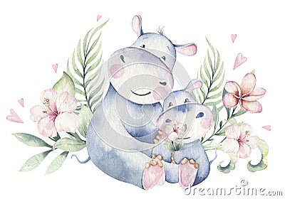 Hand drawn cute isolated tropical summer watercolor hippo animals. hippopotamus baby and mother cartoon animal Cartoon Illustration